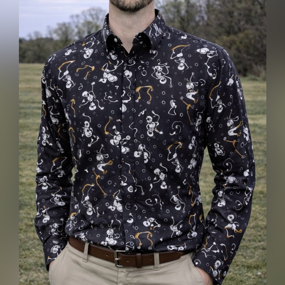 -Simon Banks Skeleton Skateboarding Black l/s Button Down Halloween Shirt Medium